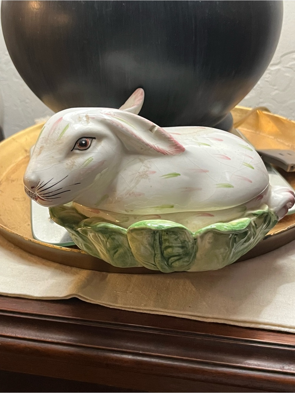 Ceramic Rabbit Covered Dish in White and Green